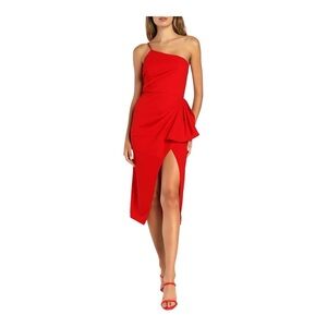 ❤️ Lulus Love You Best Red One-Shoulder Ruffled Tulip Midi Dress Size L